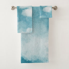 Conjunto De Toalhas Sonhos de Horizonte Sereno Aquarela Azul e Branco