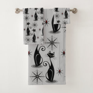 Conjunto De Toalhas Spooky Meow Retro Atômico em Cinzas Pálidas