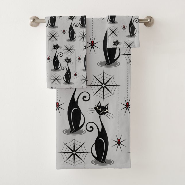 Conjunto De Toalhas Spooky Meow Retro Atômico em Cinzas Pálidas (Insitu)