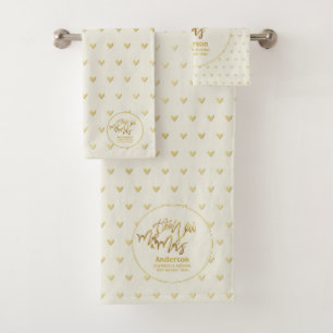 Conjunto De Toalhas Sr. & Sra. Wedding Towels Dourado Love Hearts Keep