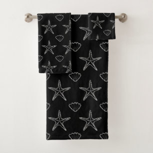 Conjunto De Toalhas Starfish Seashell Sketch Patterch Em Preto
