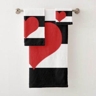 Conjunto De Toalhas Stripes brancas e pretas com coração vermelho