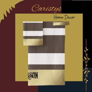 Conjunto De Toalhas Stripes Clássicas, Marrom, Branco, Dourado Persona