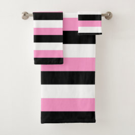 Conjunto De Toalhas Stripes Pretas, Rosa e Brancas