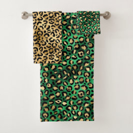 Conjunto De Toalhas Stylish Green and Gold Foil Leopard Spots