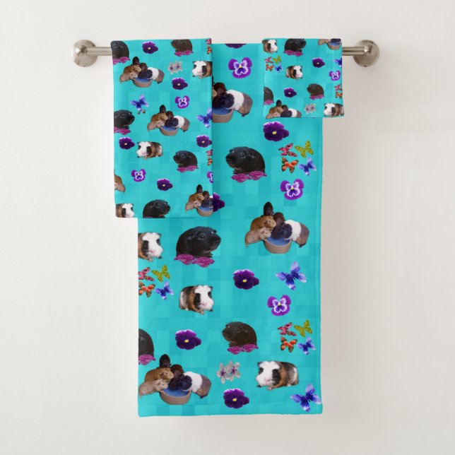 Conjunto De Toalhas Suínos, Flores E Borboletas Em Aqua, (Insitu)