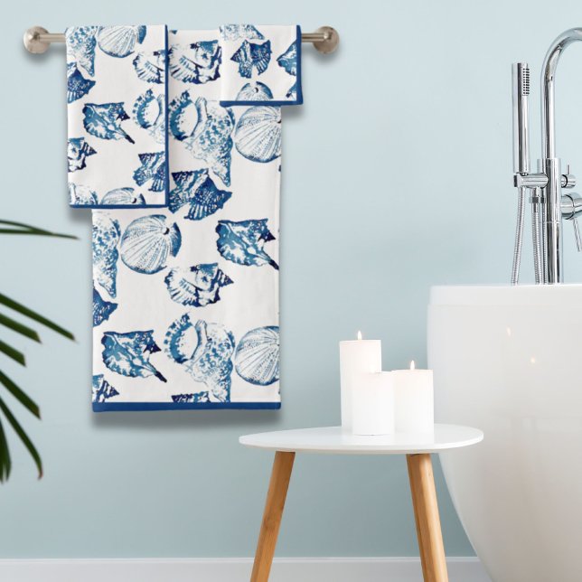 Conjunto De Toalhas Summer Coaster Beach Marinho Blue Seashell (Summer Coastal Beach Seaside Navy Blue Seashell Bath Towel Set)