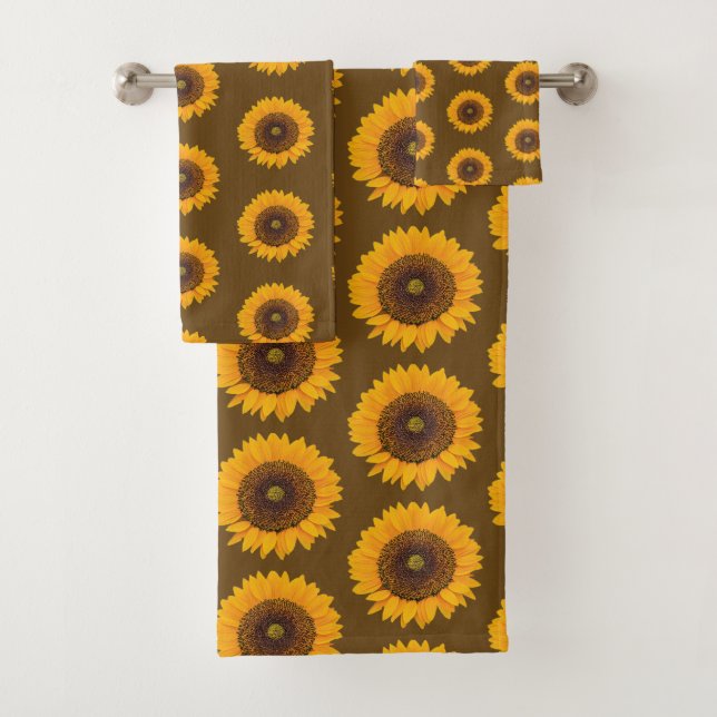 Conjunto De Toalhas Sunflowers Floral Pattern Brown Yellow Towel Set (Insitu)