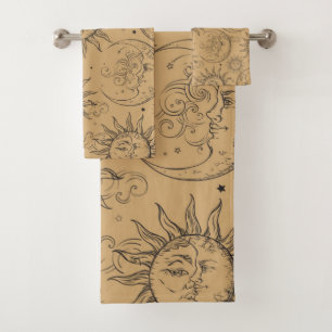 Conjunto De Toalhas Tan Bege Vintage Celestial Sol Lua Estrelas