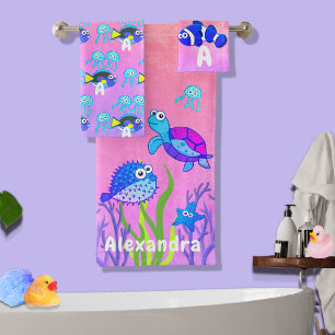 Conjunto De Toalhas Tartaruga-do-mar azul-aquarela Criança de Peixes
