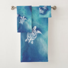 Conjunto De Toalhas Tartarugas brancas no oceano azul Aquarela Costeir