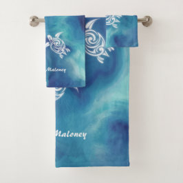 Conjunto De Toalhas Tartarugas brancas no oceano azul Aquarela Nome Ad
