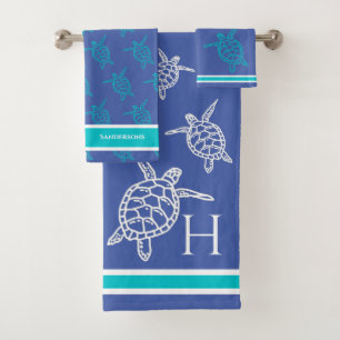 Conjunto De Toalhas Tartarugas do Mar Monograma Azul Azul Azul Costeir