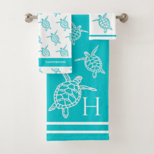 Conjunto De Toalhas Tartarugas do Mar Monograma Azul Azul Azul Costeir