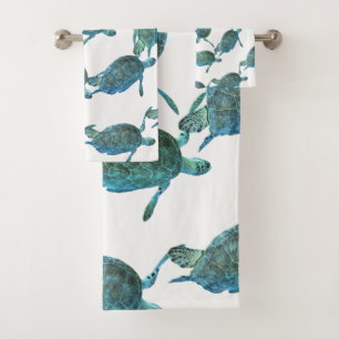 Conjunto De Toalhas Tartarugas Marinhas Azul Turquesa Oceano Praia Ele