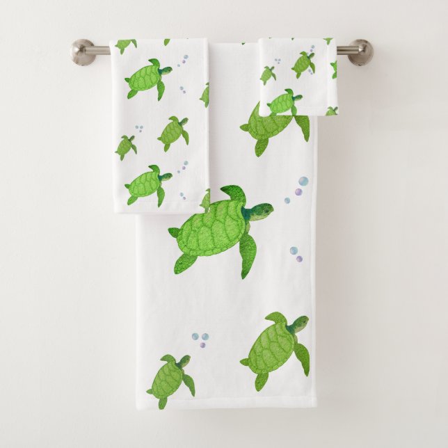 Conjunto De Toalhas Tartarugas Marinhas Verdes Lindas em Branco (Insitu)