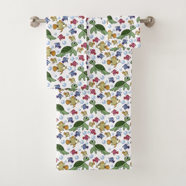 Conjunto De Toalhas Tartarugas Verdes E Peixes Amarelos  (Insitu)