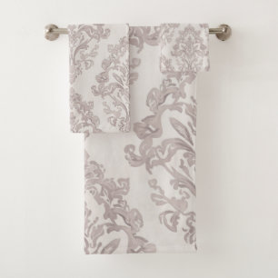 Conjunto De Toalhas Taupe Suave Damasco Aquarela Floral Clássico