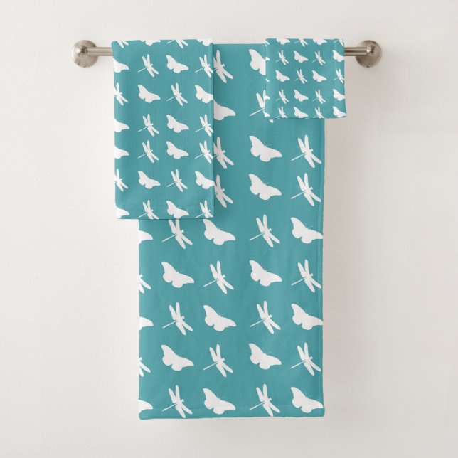 Conjunto De Toalhas Teal and White Butterfly and Dragonfly Pattern (Insitu)