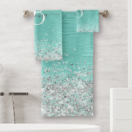 Conjunto De Toalhas Teal Brugado Metal Silver Glitter Nome Monograma