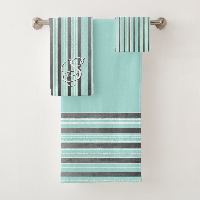 Conjunto De Toalhas Teal, Cinzas e Stripes Brancas (Insitu)