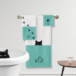 Conjunto De Toalhas Teal de Monograma de Gato Sneaky