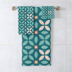 Conjunto De Toalhas Teal do Padrão Geológico Floral Retro, Peach, Lara