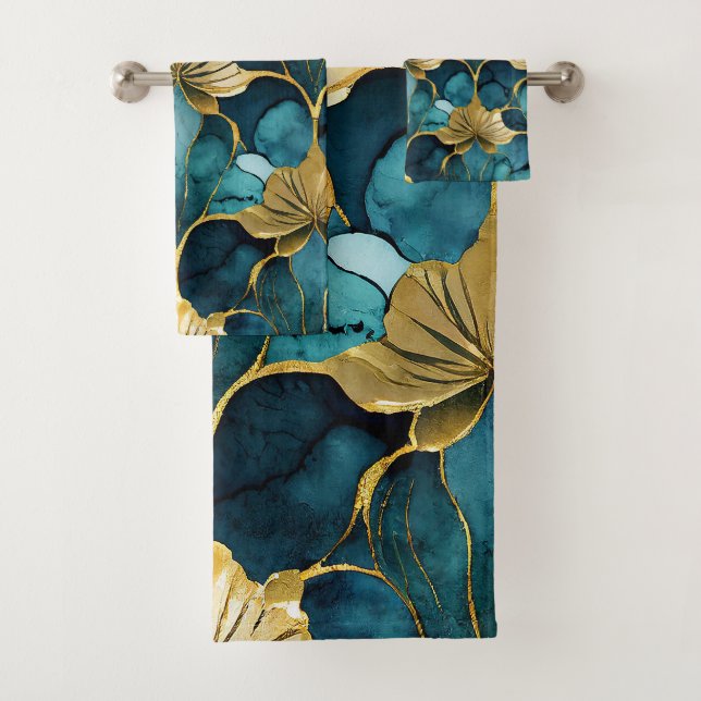Conjunto De Toalhas Teal Floral Japonês Dourado (Insitu)