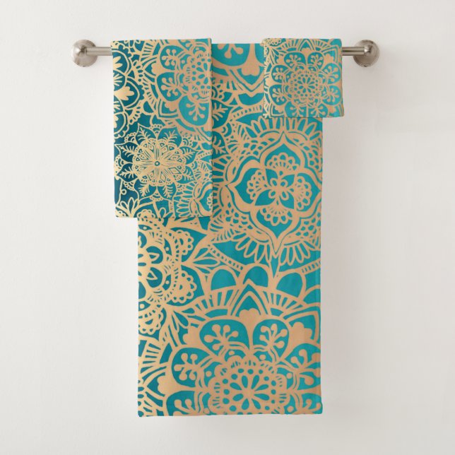 Conjunto De Toalhas Teal Green e Dourada Mandala Boho Chic (Insitu)