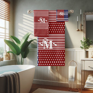 Conjunto De Toalhas Tema Branco Vermelho e Azul Estrelas e Stripes Mon