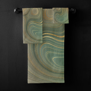 Conjunto De Toalhas Terra Olive Strata Agato de tinta verde e Dourad