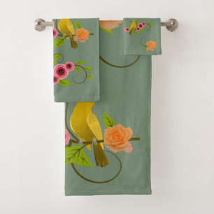Conjunto De Toalhas Terra Verde - Pássaro e Rosa Amarelo