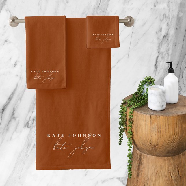 Conjunto De Toalhas Terracotta Burnt Orange Signature Script Monograma (Terracotta Burnt Orange Signature Script Monogram Bath Towel Set)