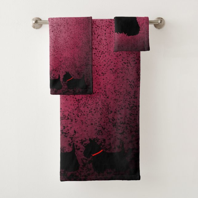 Conjunto De Toalhas Terrier Escocês, colar vermelho, granito rosa (Insitu)