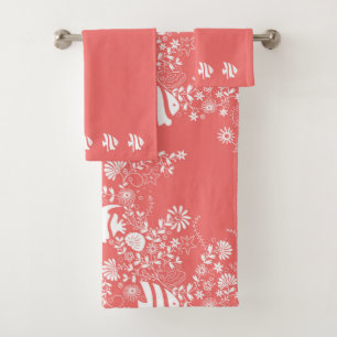 Conjunto De Toalhas Teste padrão branco cor-de-rosa coral da vida do