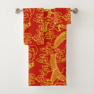 Conjunto De Toalhas Teste padrão chinês vermelho e Dourado do dragã