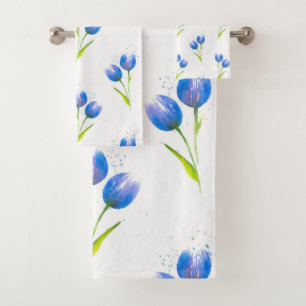 Conjunto De Toalhas Teste padrão da aguarela das tulipas azuis