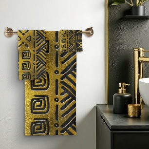 Conjunto De Toalhas Teste padrão dourado africano étnico no preto