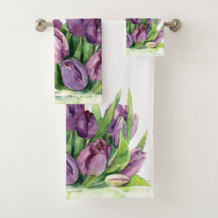 Conjunto De Toalhas Teste padrão floral da aguarela das tulipas roxas