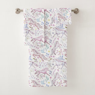 Conjunto De Toalhas Teste padrão floral do unicórnio da aguarela