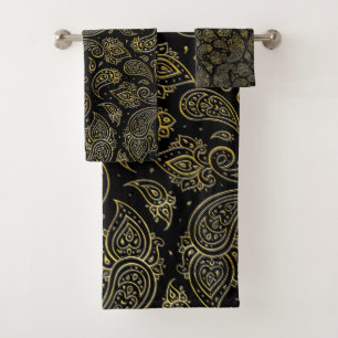 Conjunto De Toalhas Teste padrão gravado ouro de Paisley no preto