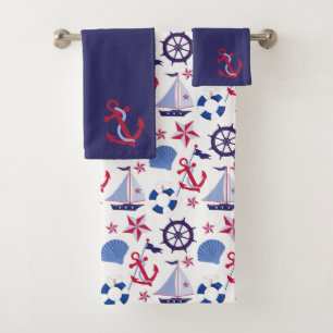 Conjunto De Toalhas Teste padrão náutico do vermelho de azuis marinh