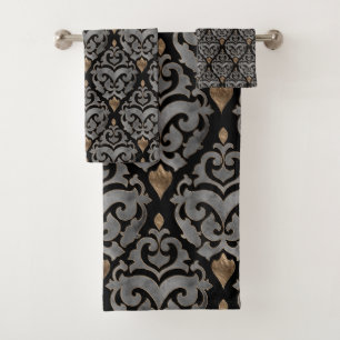 Conjunto De Toalhas Teste padrão persa - preto e ouro da aguarela