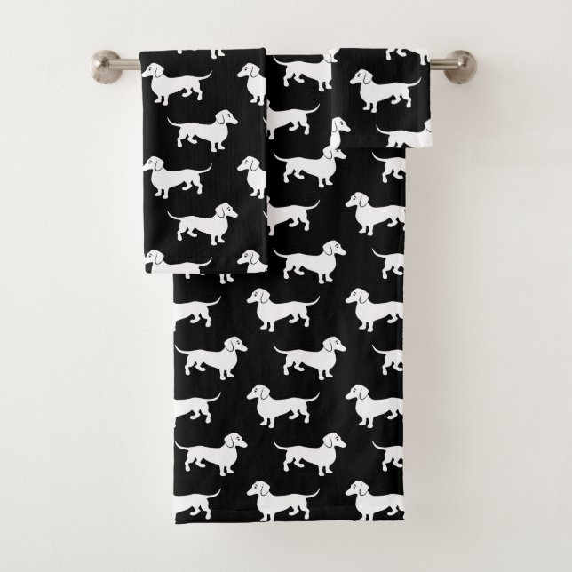 Conjunto De Toalhas Teste padrão preto e branco de Doxie do Dachshund (Insitu)
