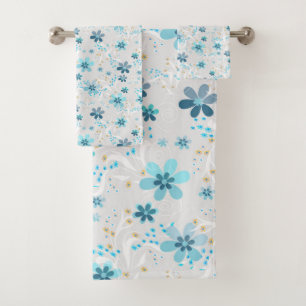 Conjunto De Toalhas Teste padrão retro, floral, azul, cinza, flores