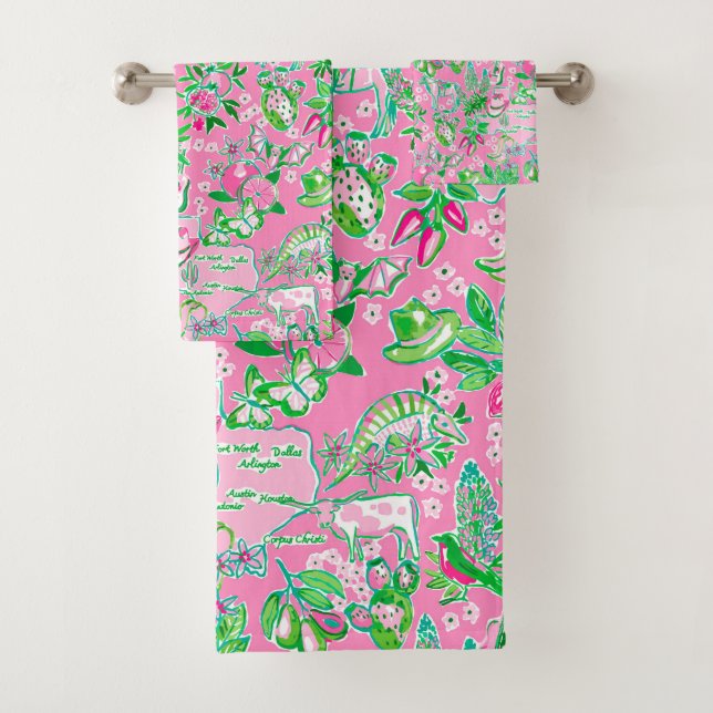 Conjunto De Toalhas Texas Map Pink & Green Preppy Patterno (Insitu)