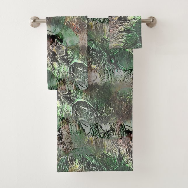 Conjunto De Toalhas Textura estranha em verde-cinza com crânio abstrat (Insitu)
