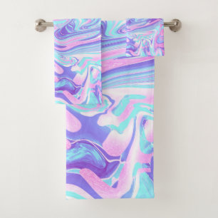 Conjunto De Toalhas Textura Líquida do Mármaco Azul e Roxo