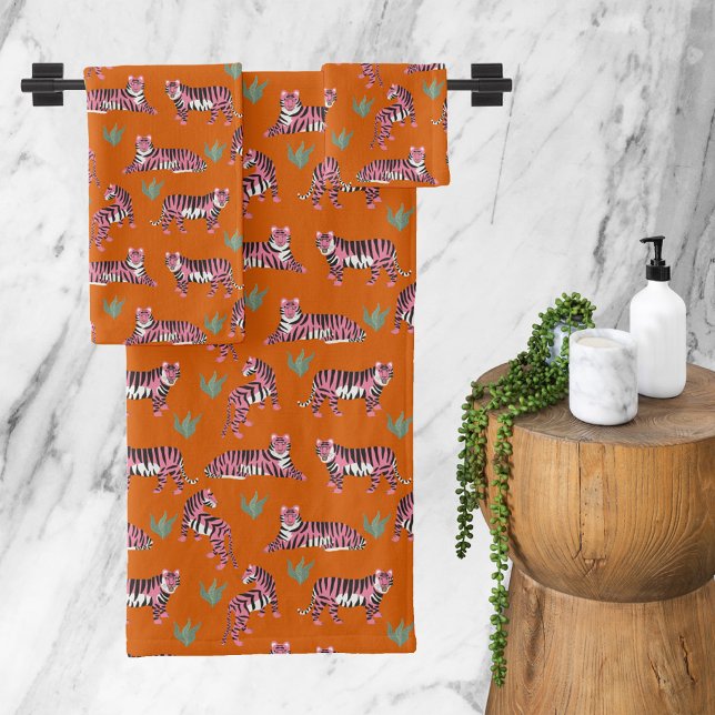 Conjunto De Toalhas Tigres da Selva Boho Laranja Rosa (Boho Orange Pink Jungle Tigers Bath Towel Set)