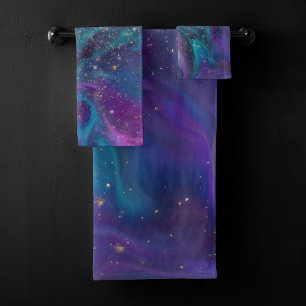 Conjunto De Toalhas Tinta cósmica Nebulosa da Galáxia Roxa Azul Turq